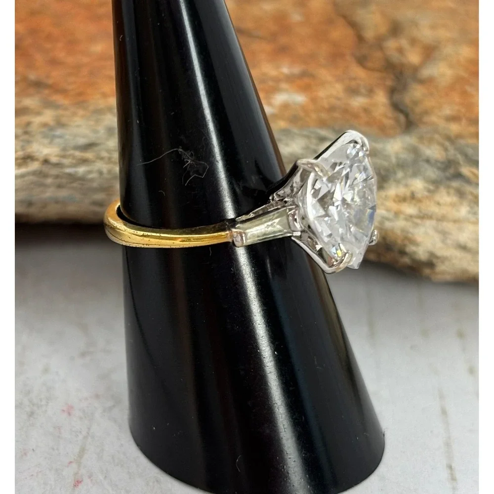 Vintage Heart Cut Cubic Zirconia Gold Silver Statement Ring sz 7 Baguette P167‎